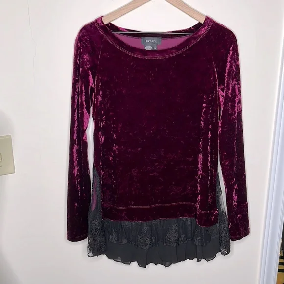 Karen Kane Long Sleeve Luxe Velvet Lace Chiffon Inset Berry Purple Top Size M - Picture 3 of 7